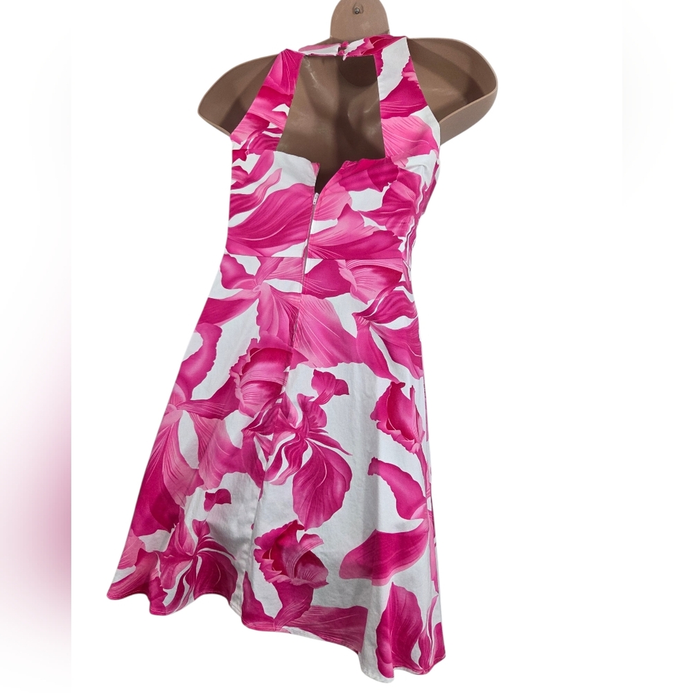 Sheri Martin Pink White Floral Keyhole Fit And Flare Petite Midi Dress Pre-Owned - Picture 6 of 9